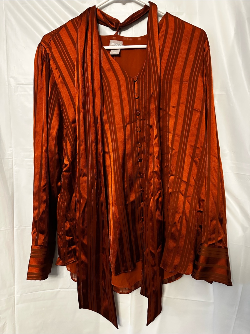 NWT Chico’s V-Neck Long Sleeve Rust, Blouse w/Scarf. Women’s Size 2 (L)